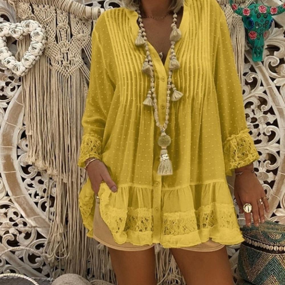 Lace Hollow Out V Neck Long Sleeve Loose Tunic - Deb Shops