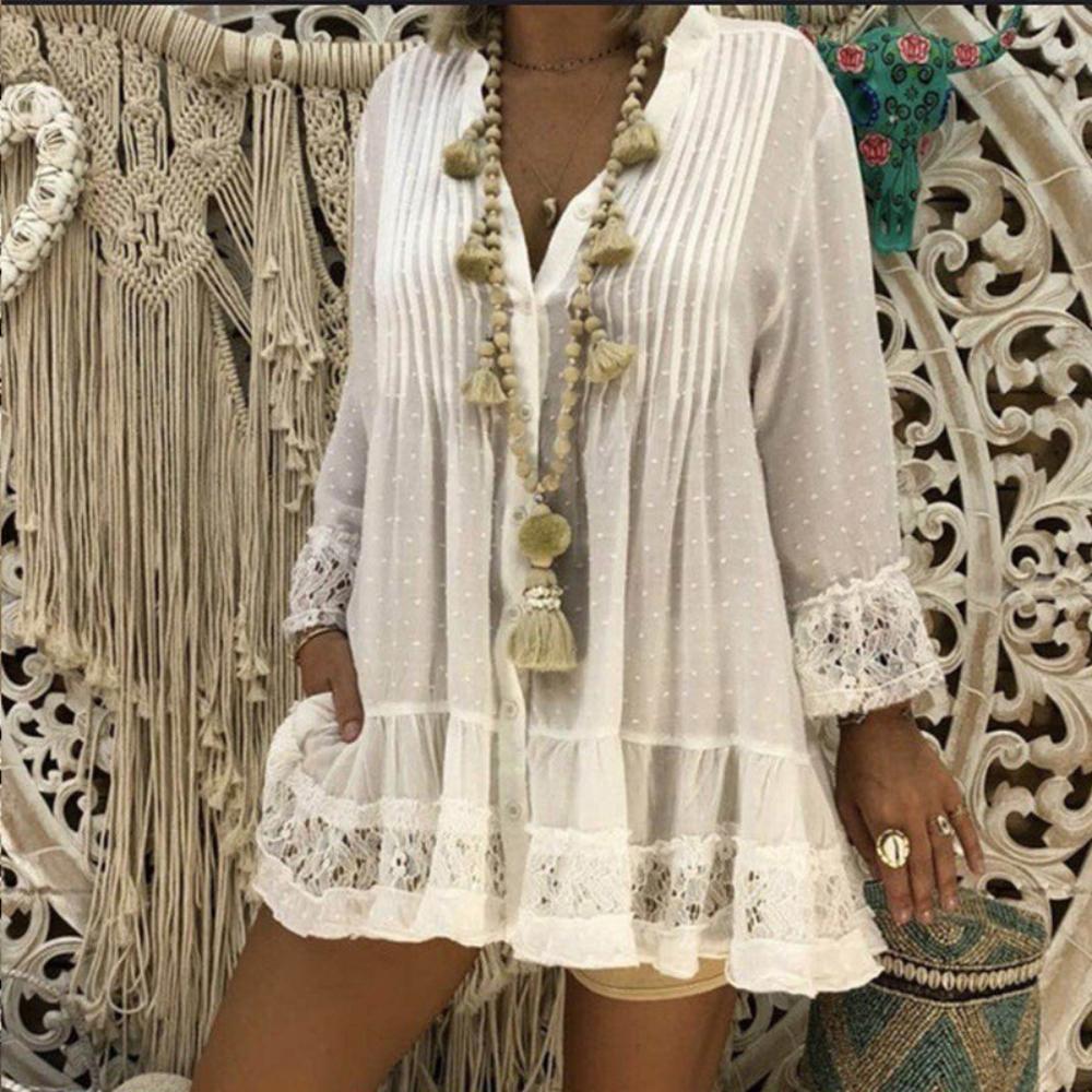 Lace Hollow Out V Neck Long Sleeve Loose Tunic - Deb Shops