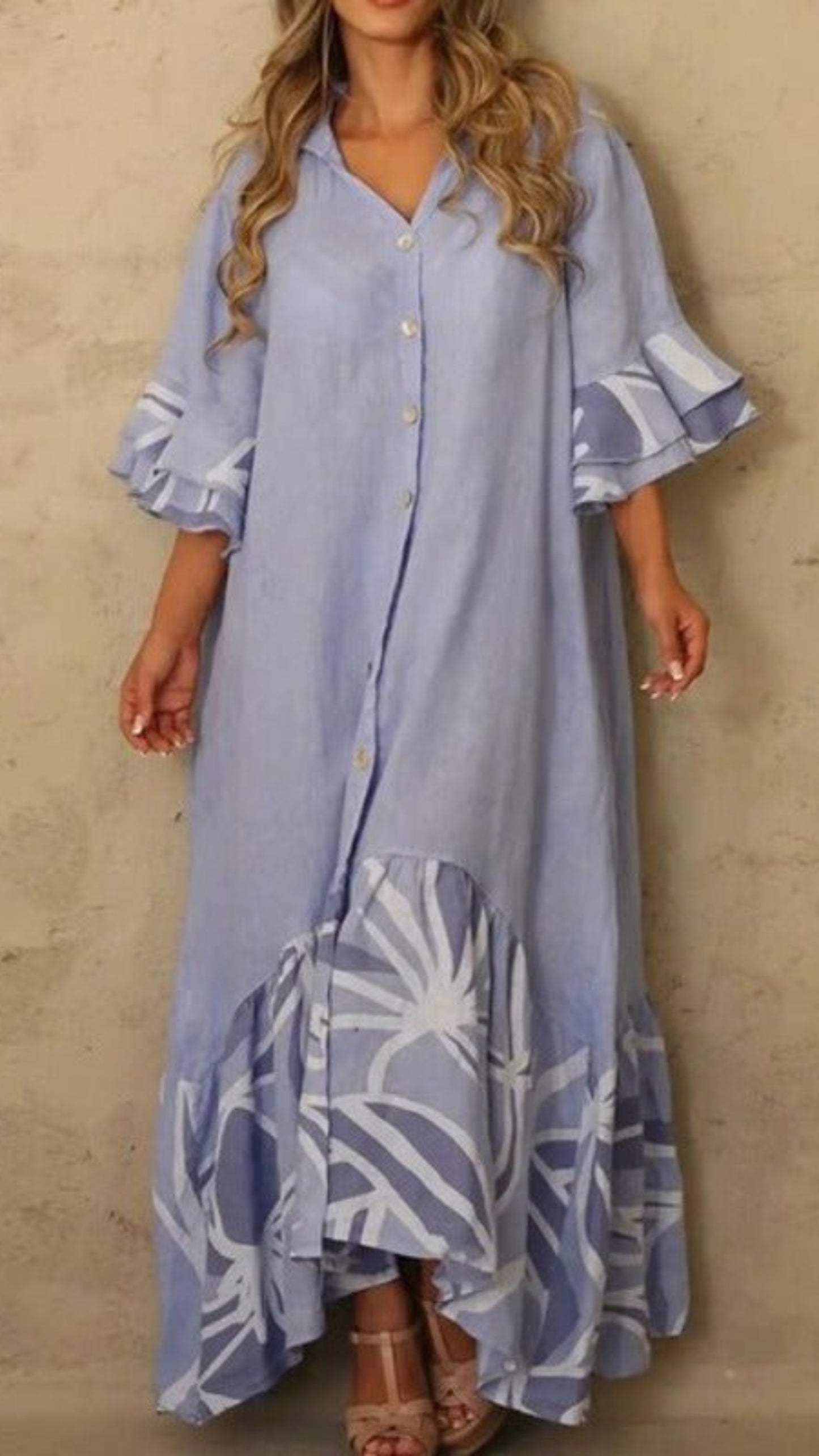 Lantern Sleeve Lapel Neck Boho Printing Dress - Deb Shops