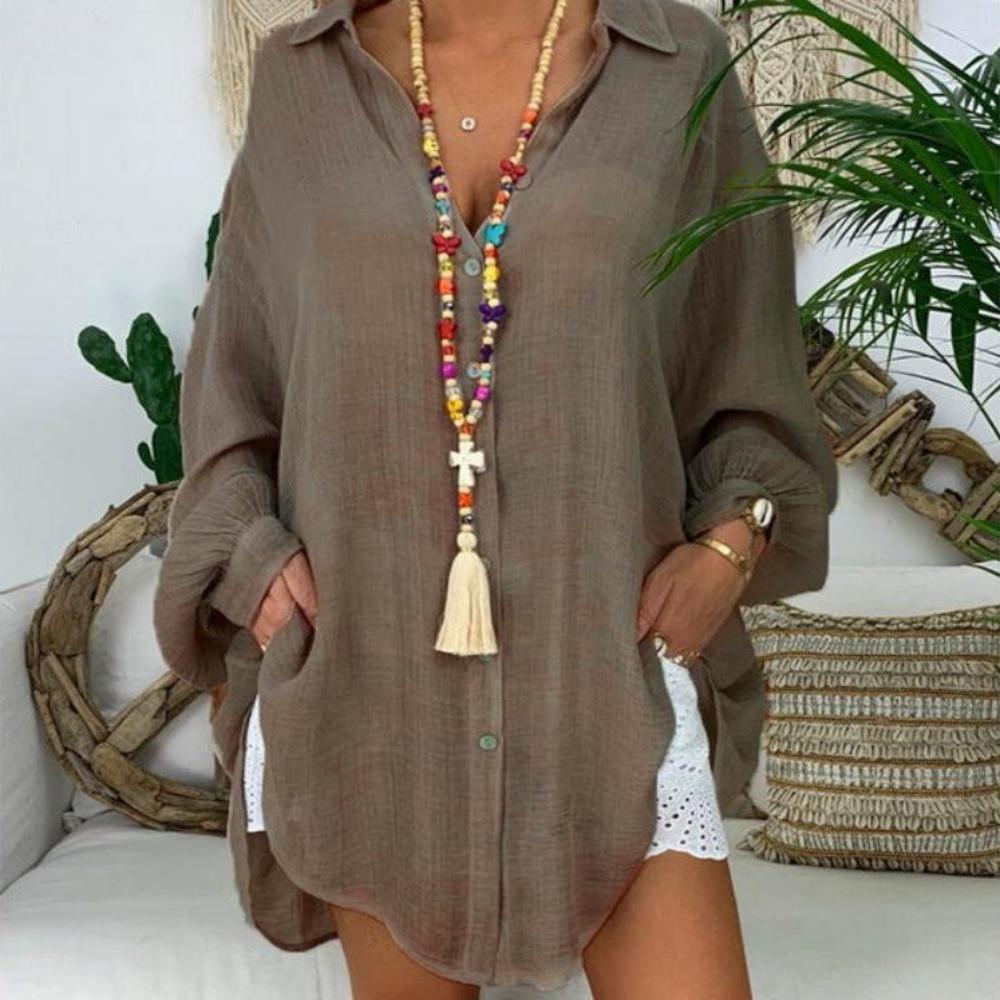 Linen Long Sleeve Turn Down Collar Tunic Thin Blouse - Deb Shops