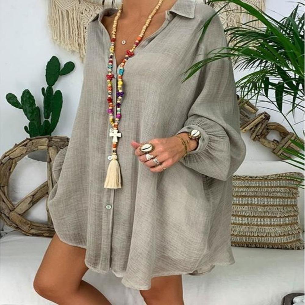 Linen Long Sleeve Turn Down Collar Tunic Thin Blouse - Deb Shops