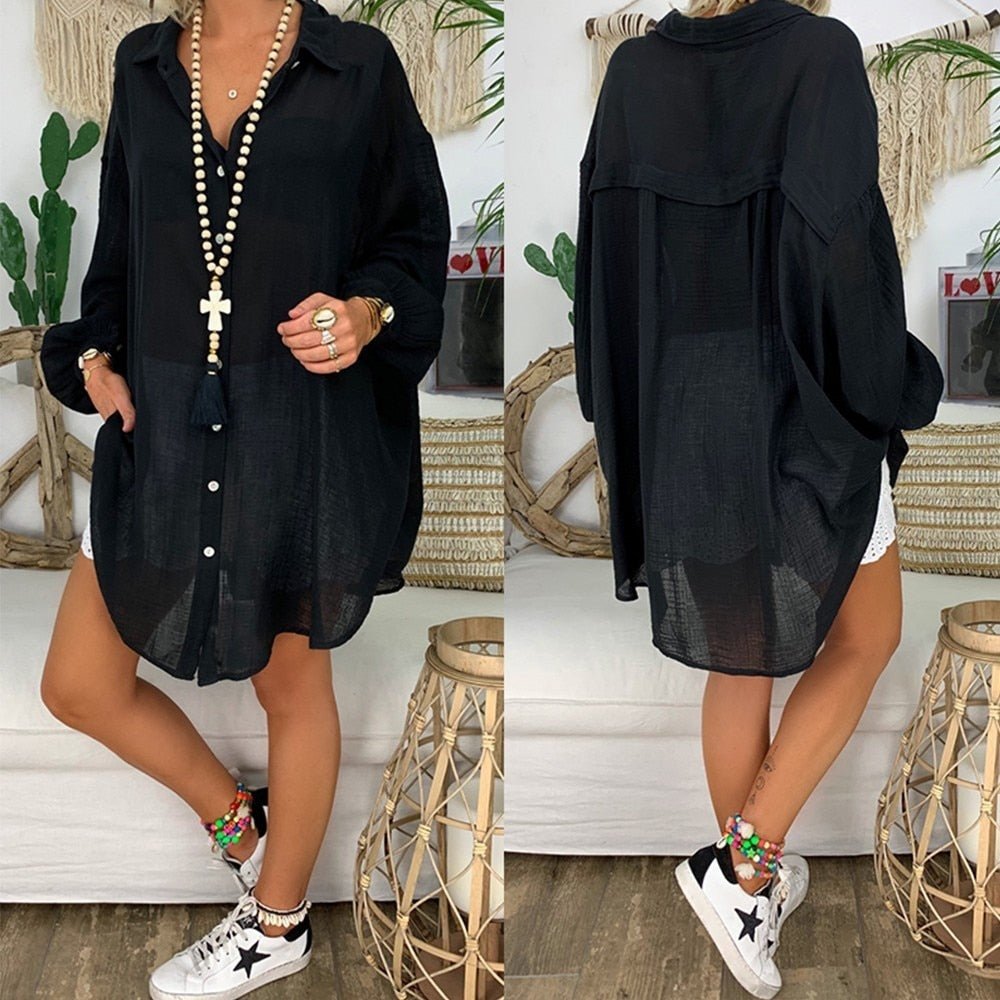 Linen Long Sleeve Turn Down Collar Tunic Thin Blouse - Deb Shops