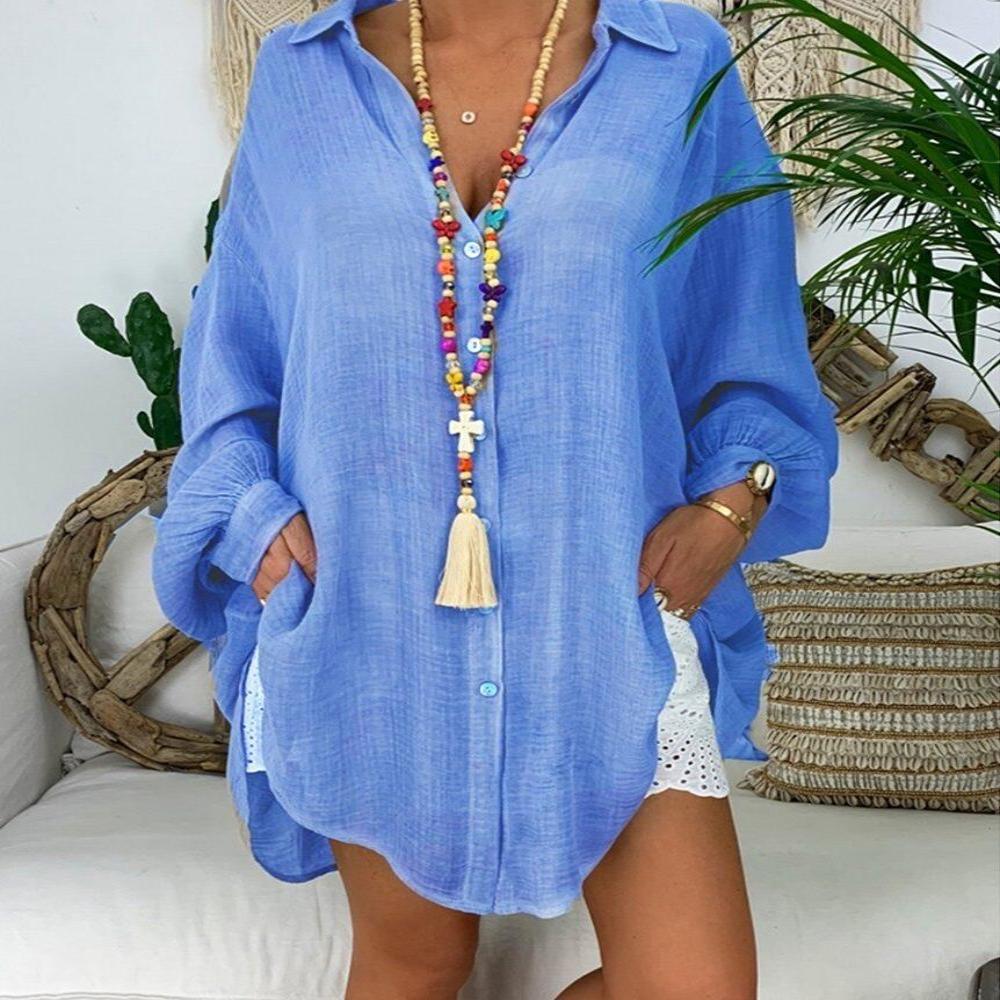 Linen Long Sleeve Turn Down Collar Tunic Thin Blouse - Deb Shops