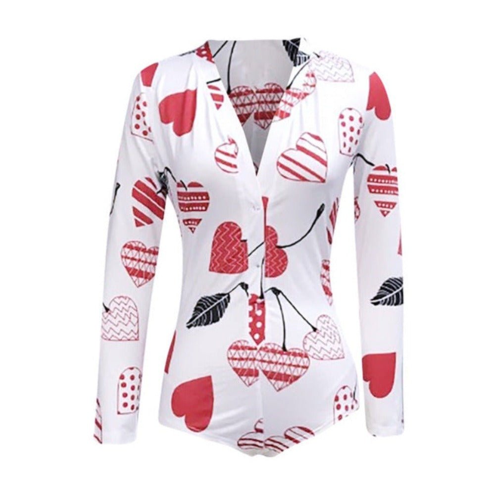Long Sleeve V Neck Love Pattern Print Pajama Romper - Deb Shops
