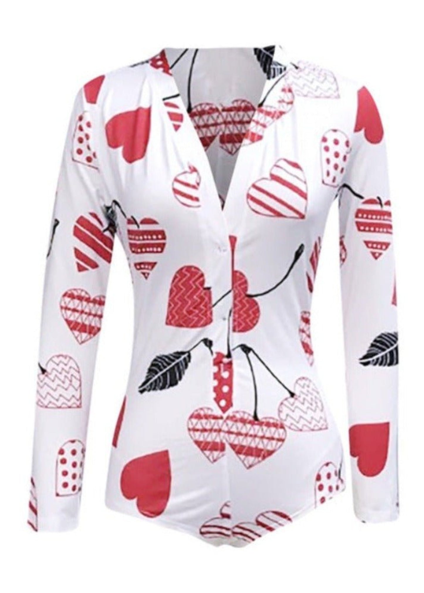 Long Sleeve V Neck Love Pattern Print Pajama Romper - Deb Shops