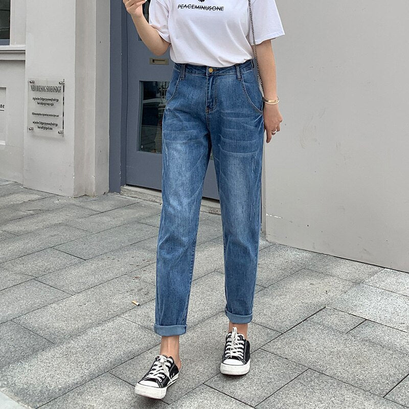 Loose Denim Straight Wide Legs High Waist Pants - Deb Shops