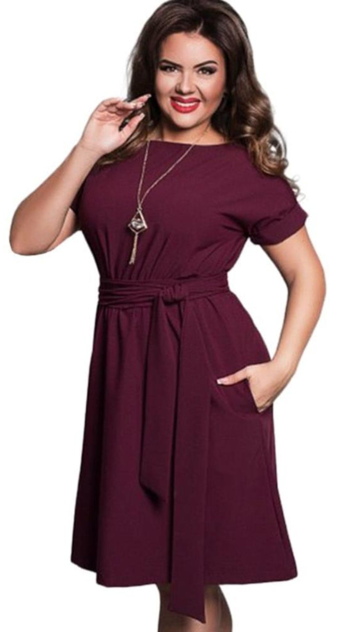 Maxi Straight Solid Elegant Dress With Belt - Deb Shops