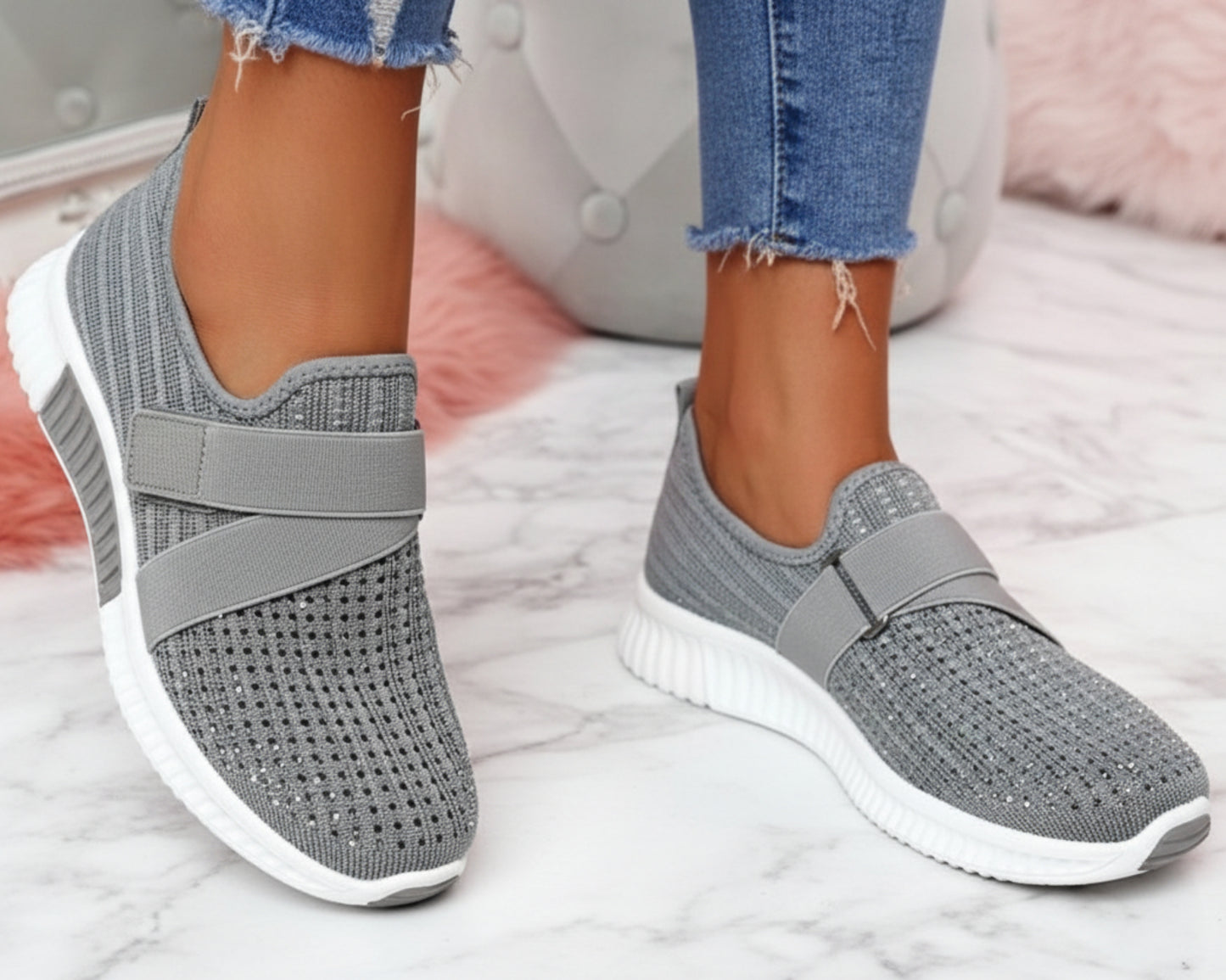 Mesh Breathable Rhinestone Platform Flat Sneakers - Deb Shops