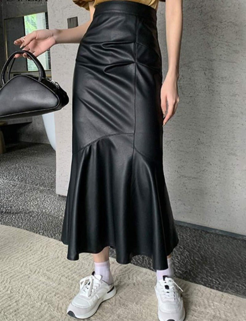 Midi PU Leather High Waist Faldas Ruffles Skirt - Deb Shops