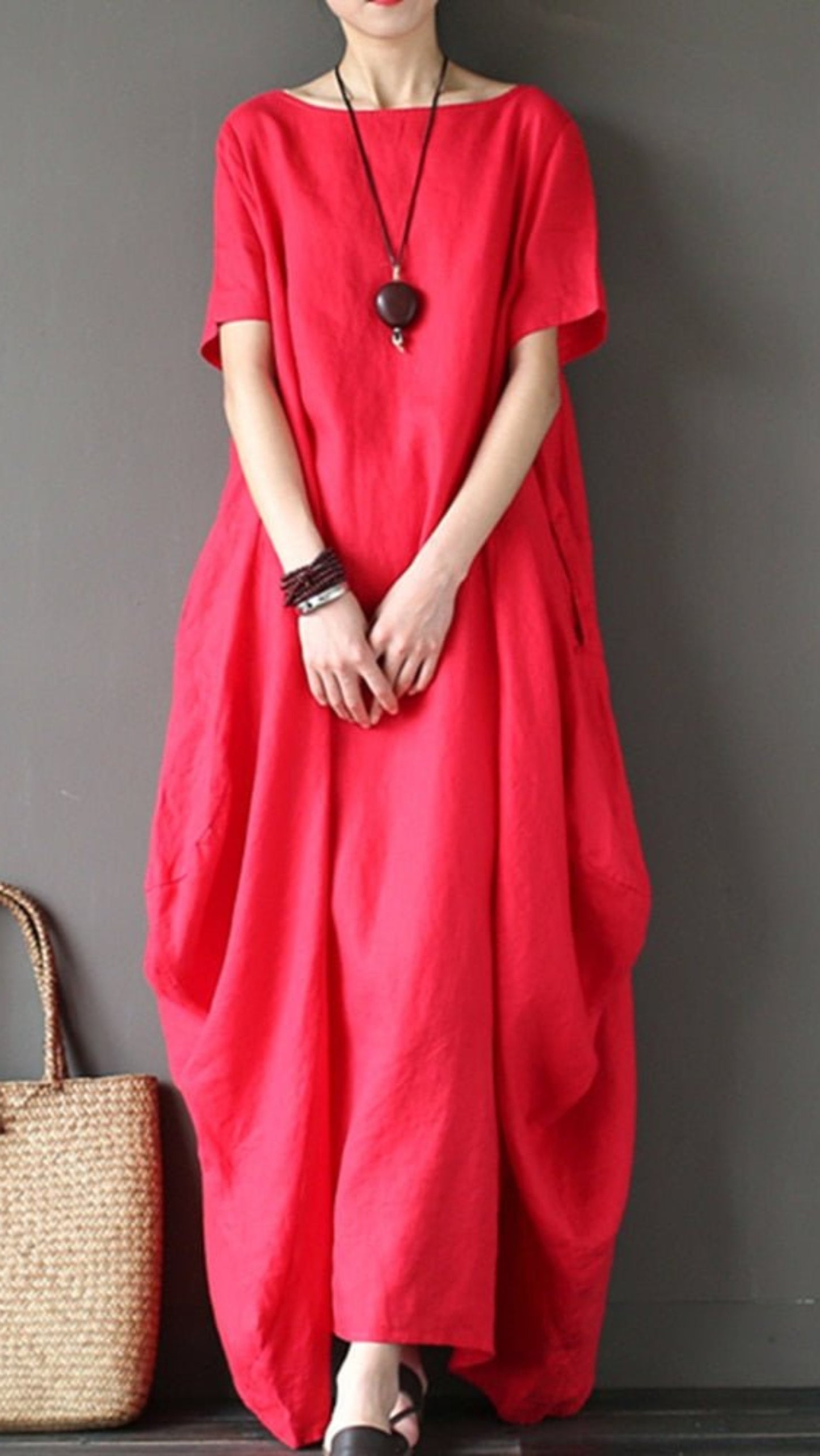 O Neck Long Sleeve Cotton Linen Gown Robe Dress - Deb Shops