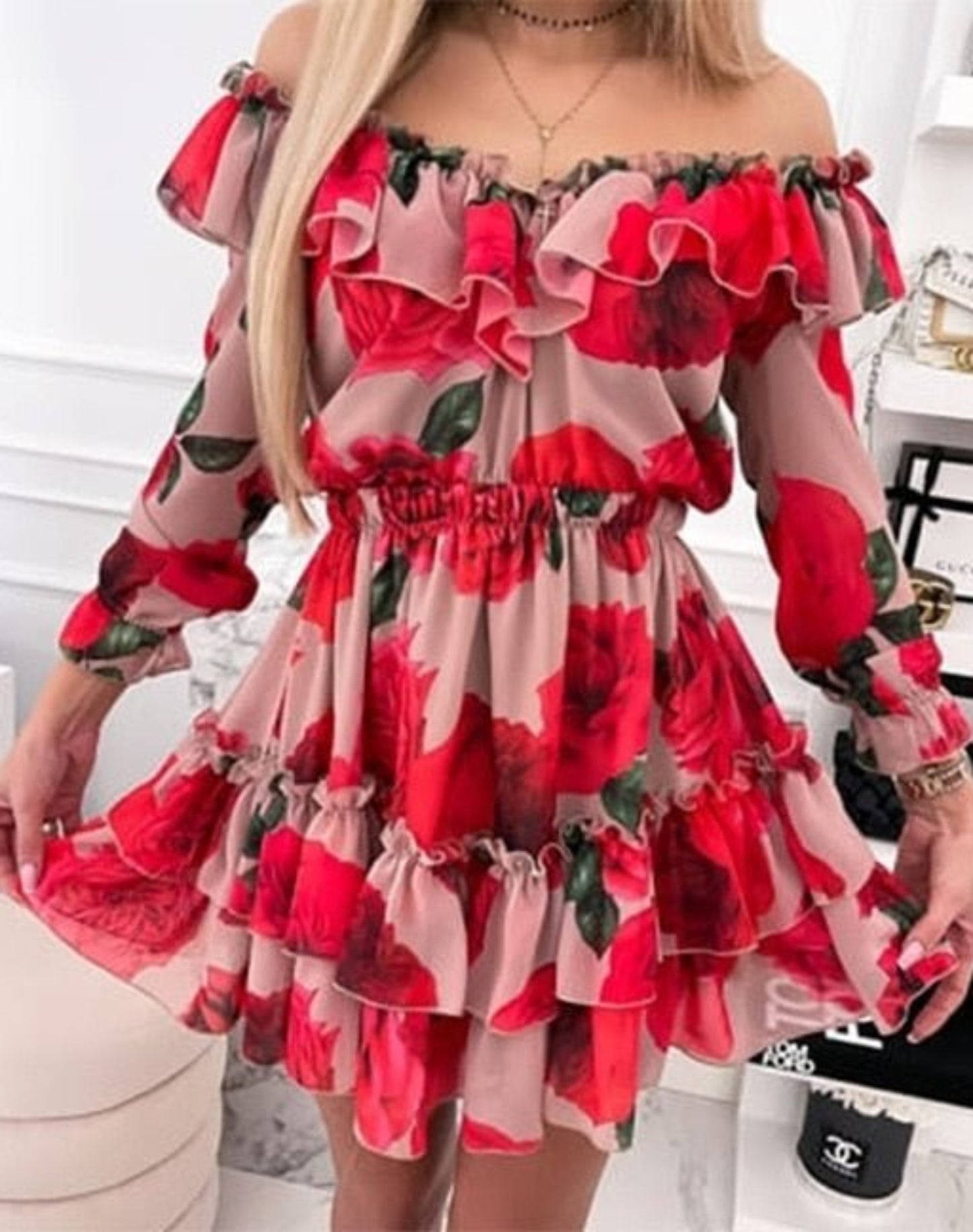 Off Shoulder Ruffles Flower Long Sleeve Chiffon Dress - Deb Shops