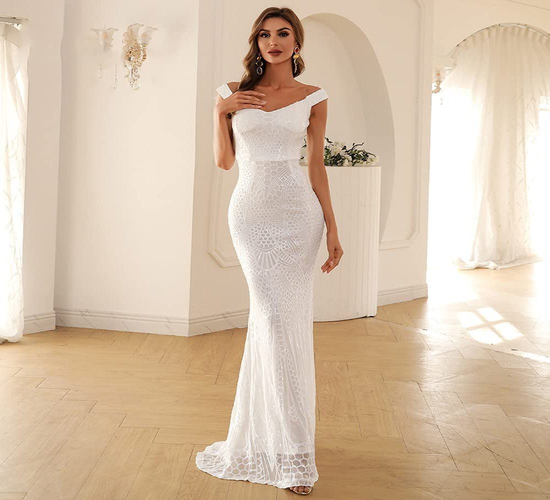 Off Shoulder Sequin Backless Sleeveless Slim Mermaid Maxi Dress - Deb Shops