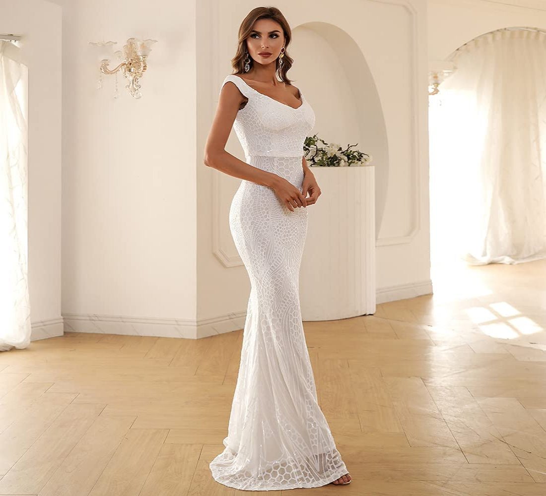 Off Shoulder Sequin Backless Sleeveless Slim Mermaid Maxi Dress - Deb Shops