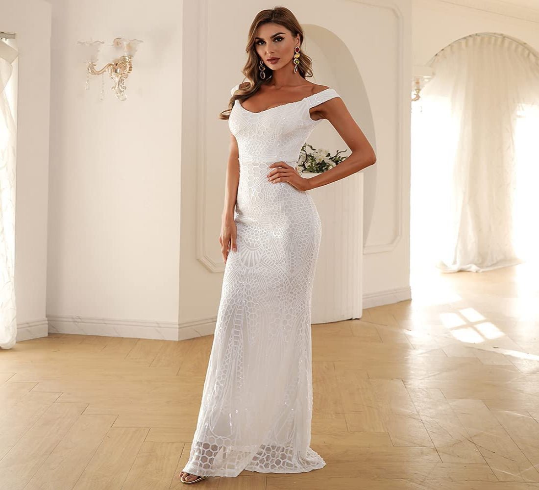 Off Shoulder Sequin Backless Sleeveless Slim Mermaid Maxi Dress - Deb Shops