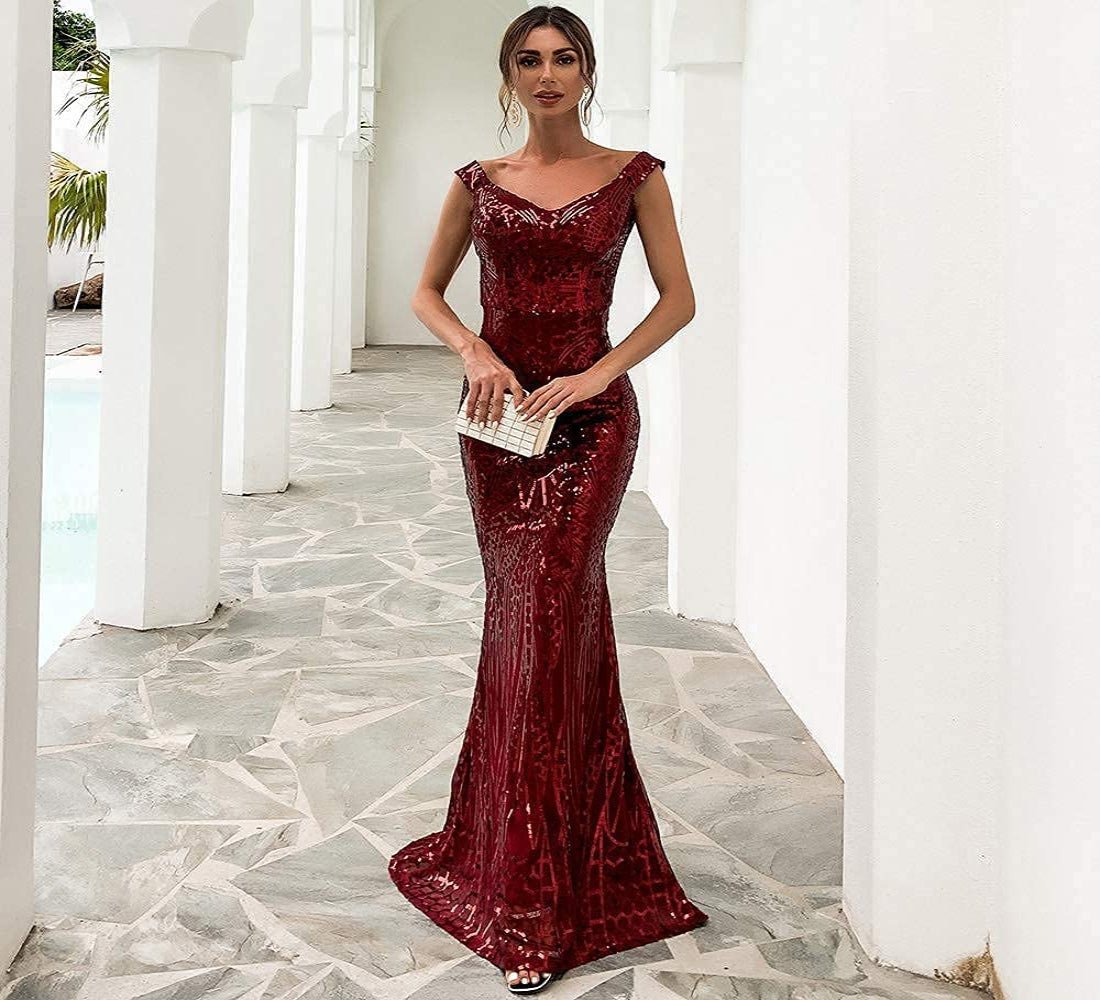Off Shoulder Sequin Backless Sleeveless Slim Mermaid Maxi Dress - Deb Shops