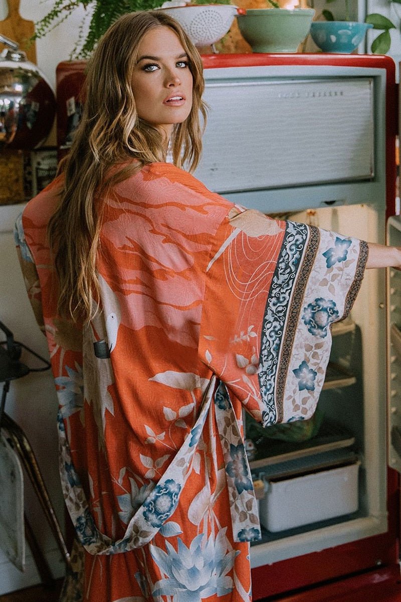 Orange Print Floral Kimono Loose Long One Size Cardigan - Deb Shops