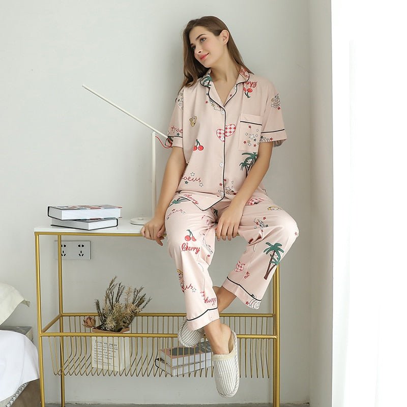Pajamas Set Lovely Cartoon Print Short Sleeve Cotton Sleepwear - Deb Shops