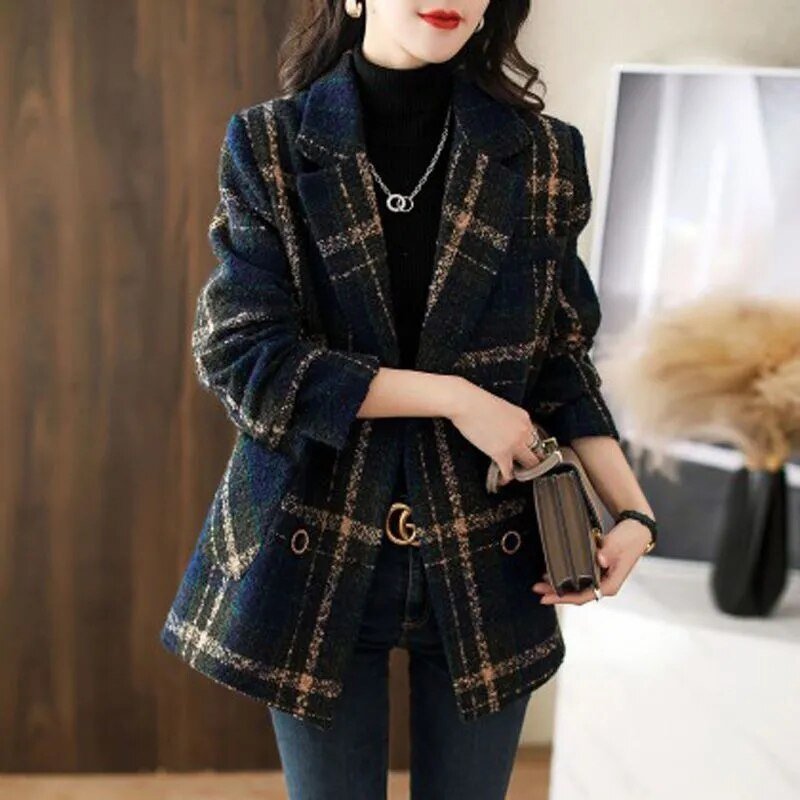 Plaid Slim Double Breasted Woolen Coat - Deb Shops