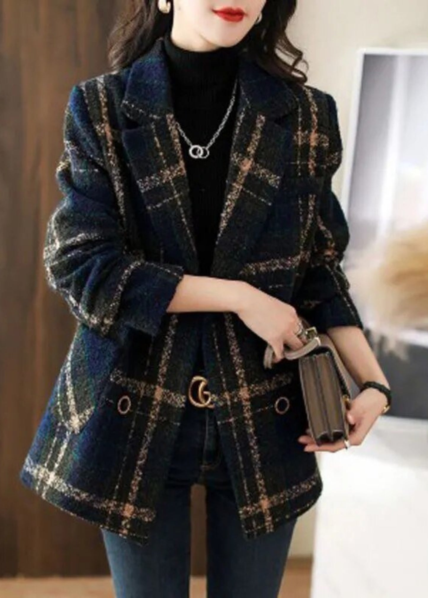 Plaid Slim Double Breasted Woolen Coat - Deb Shops