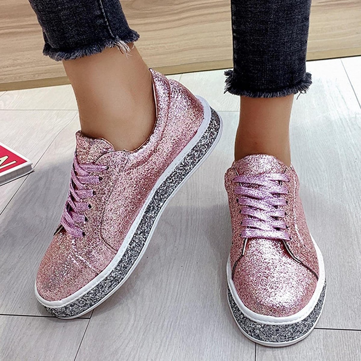Platform Glitter Sequin Lace Up Chunky Bottom Slip On Leather Sneakers - Deb Shops