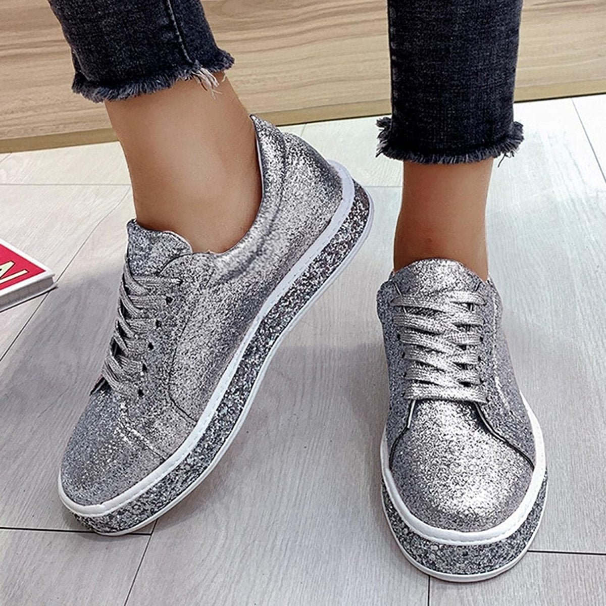 Platform Glitter Sequin Lace Up Chunky Bottom Slip On Leather Sneakers - Deb Shops
