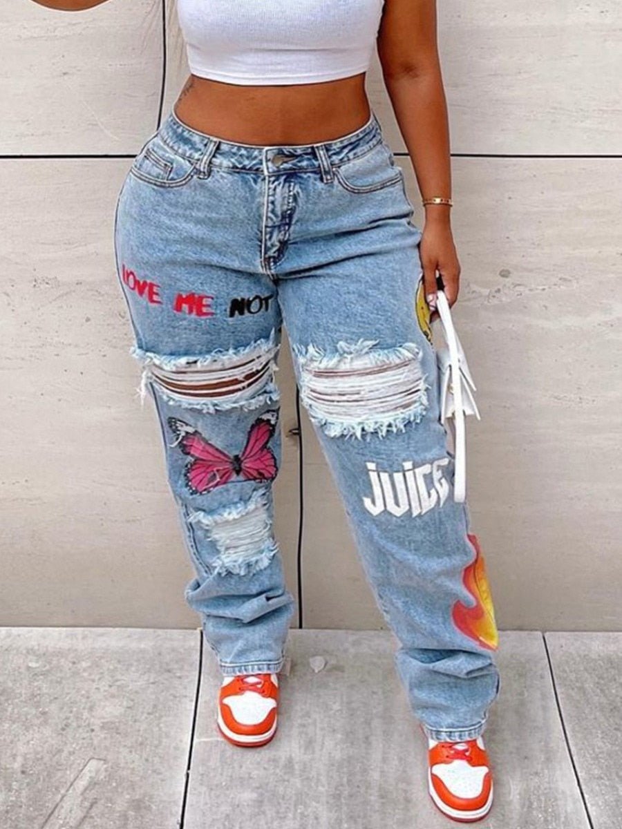 Plus Size High - waist Lip Print Stretchy Jeans - Deb Shops