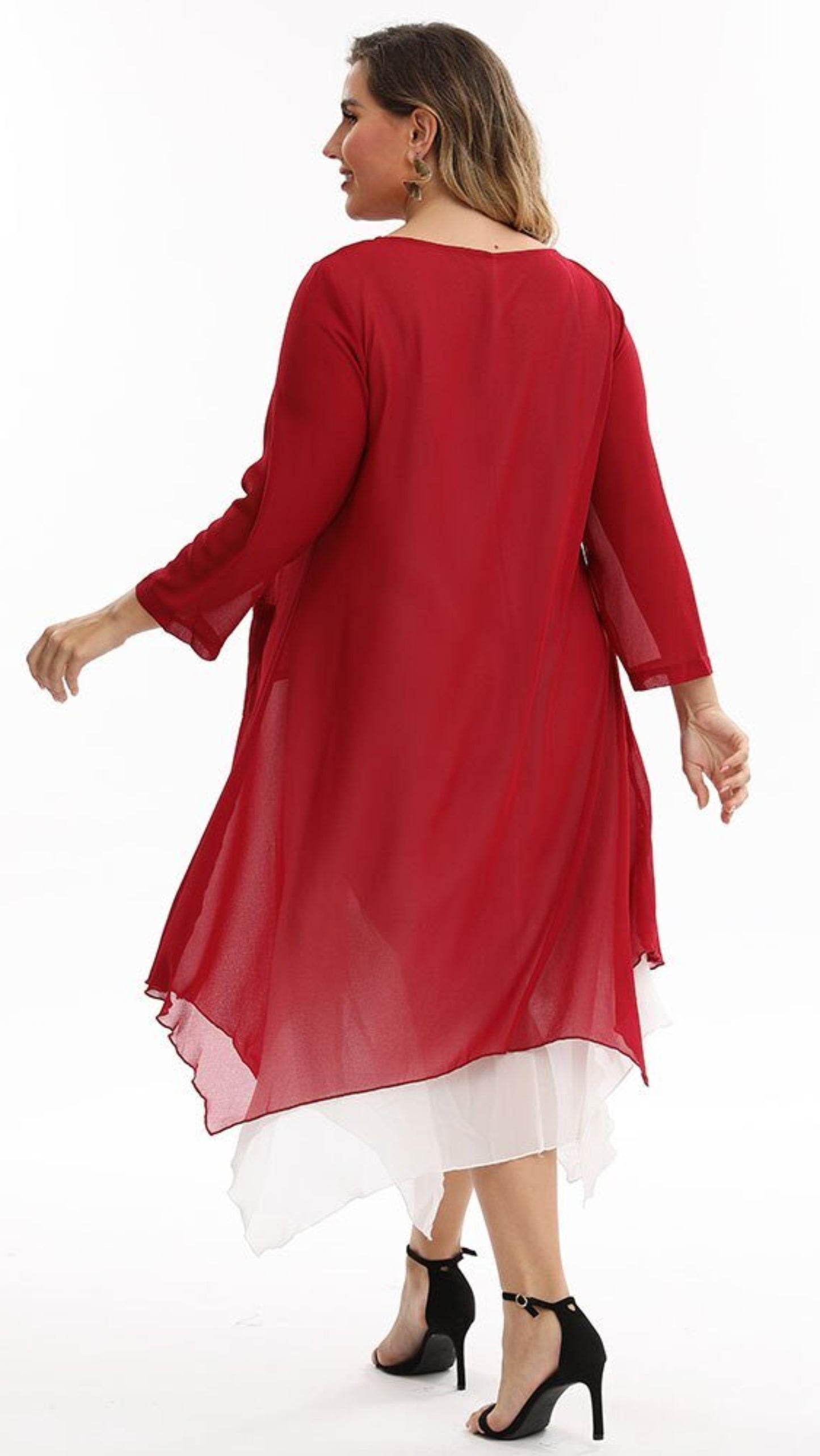 Plus Size Long Sleeve Chiffon Double Midi Dress - Deb Shops