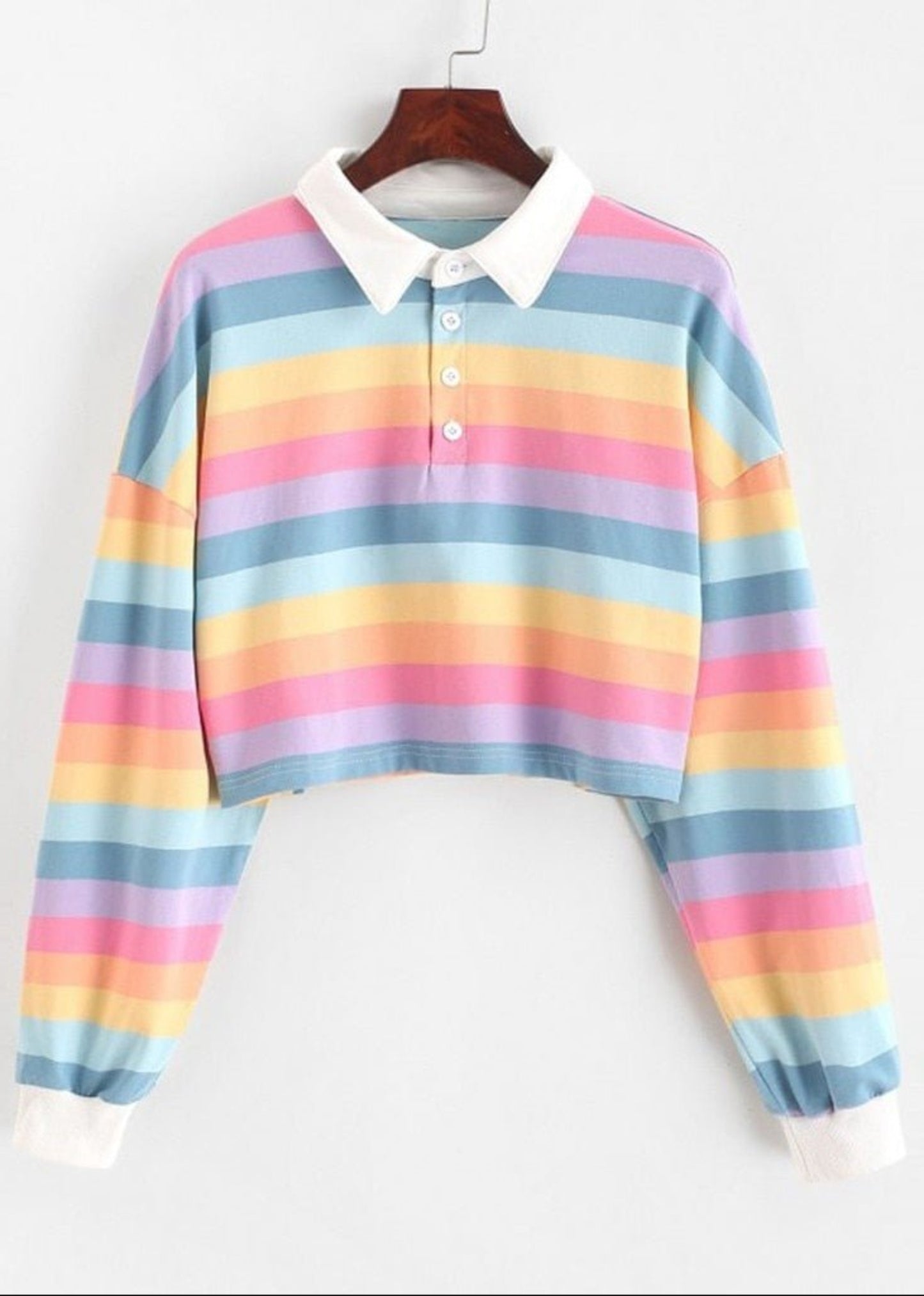 Rainbow Patchwork Button Turn - down Crop Pullover - Deb Shops