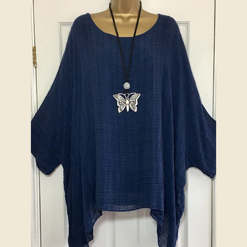 Solid Batwing Sleeve Loose Asymmetric O Neck Blouse - Deb Shops