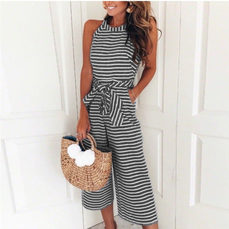 Striped Printed Lace up Pocket O neck Sleeveless Long Wide Leg Jumpsuit - Deb Shops