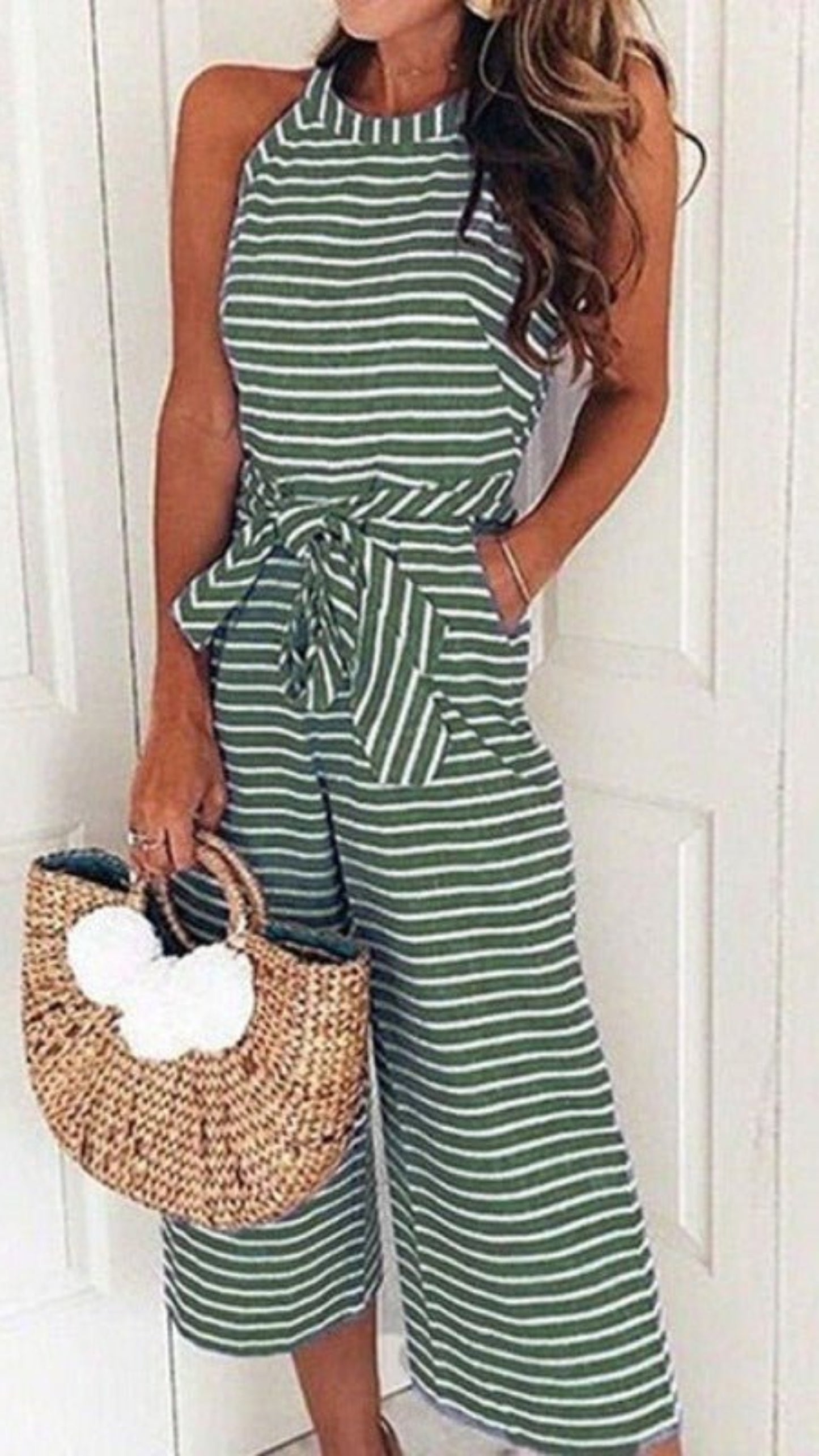 Striped Printed Lace up Pocket O neck Sleeveless Long Wide Leg Jumpsuit - Deb Shops