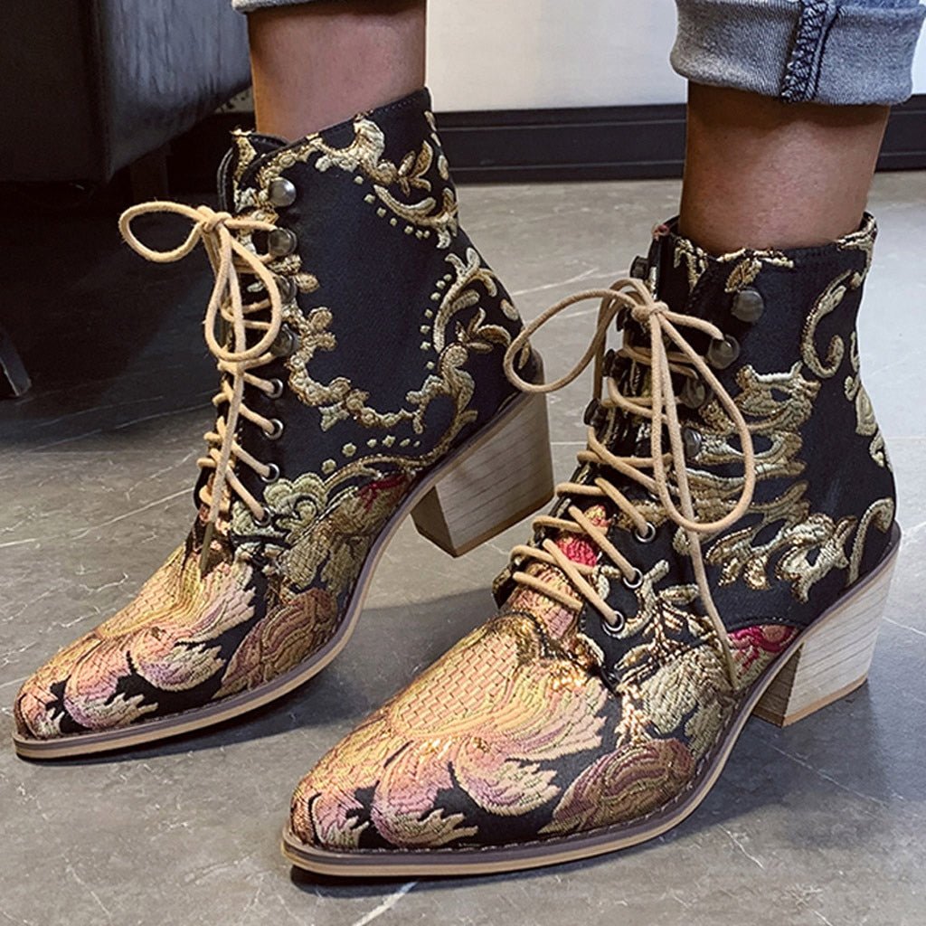 Stylish Embroider Lace Up Pointed Toe High Heels Warm Cowboy Ankle Chelsea Boots - Deb Shops