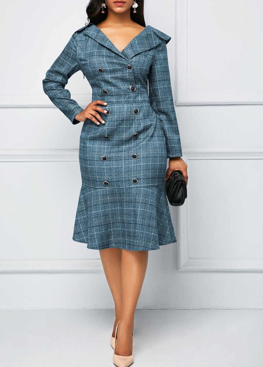 V neck Long Sleeved Plaid Print Dress - Deb Shops