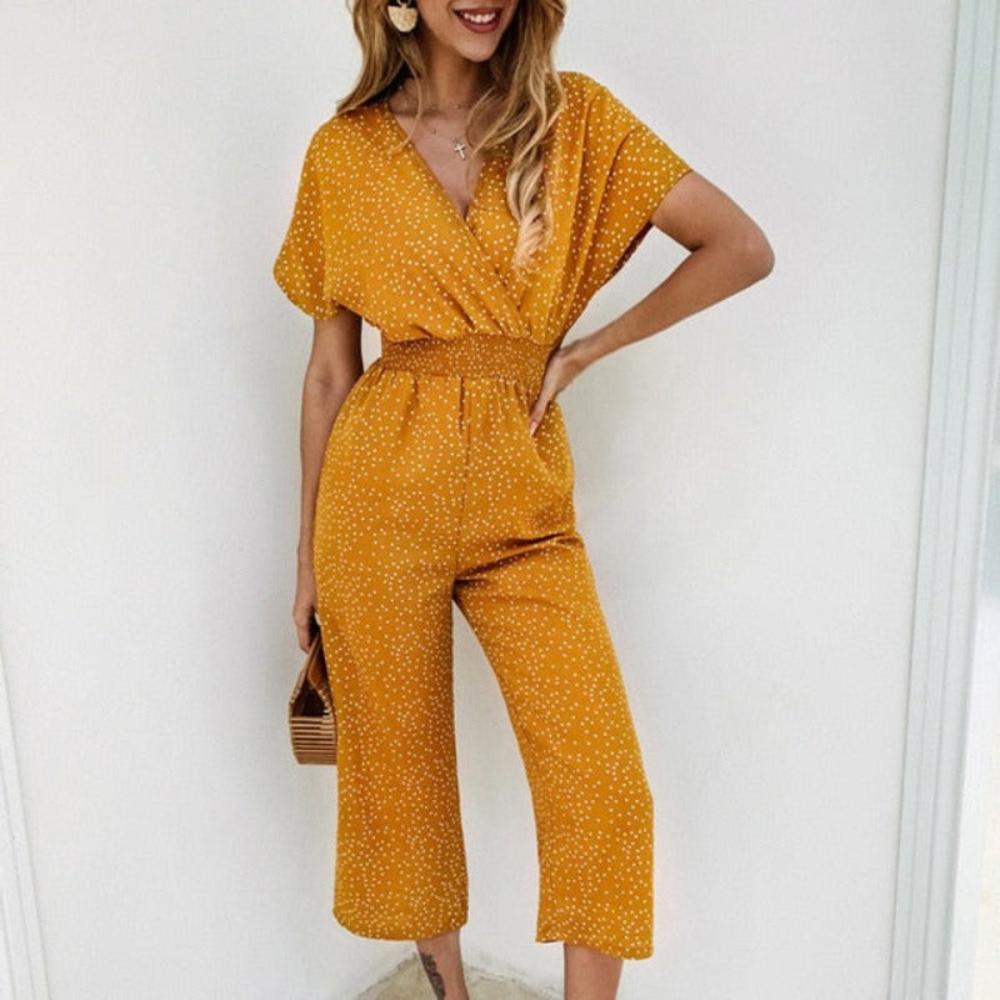 V neck Pocket Overalls Short Sleeve Wide Leg Loose Jumpsuit - Deb Shops