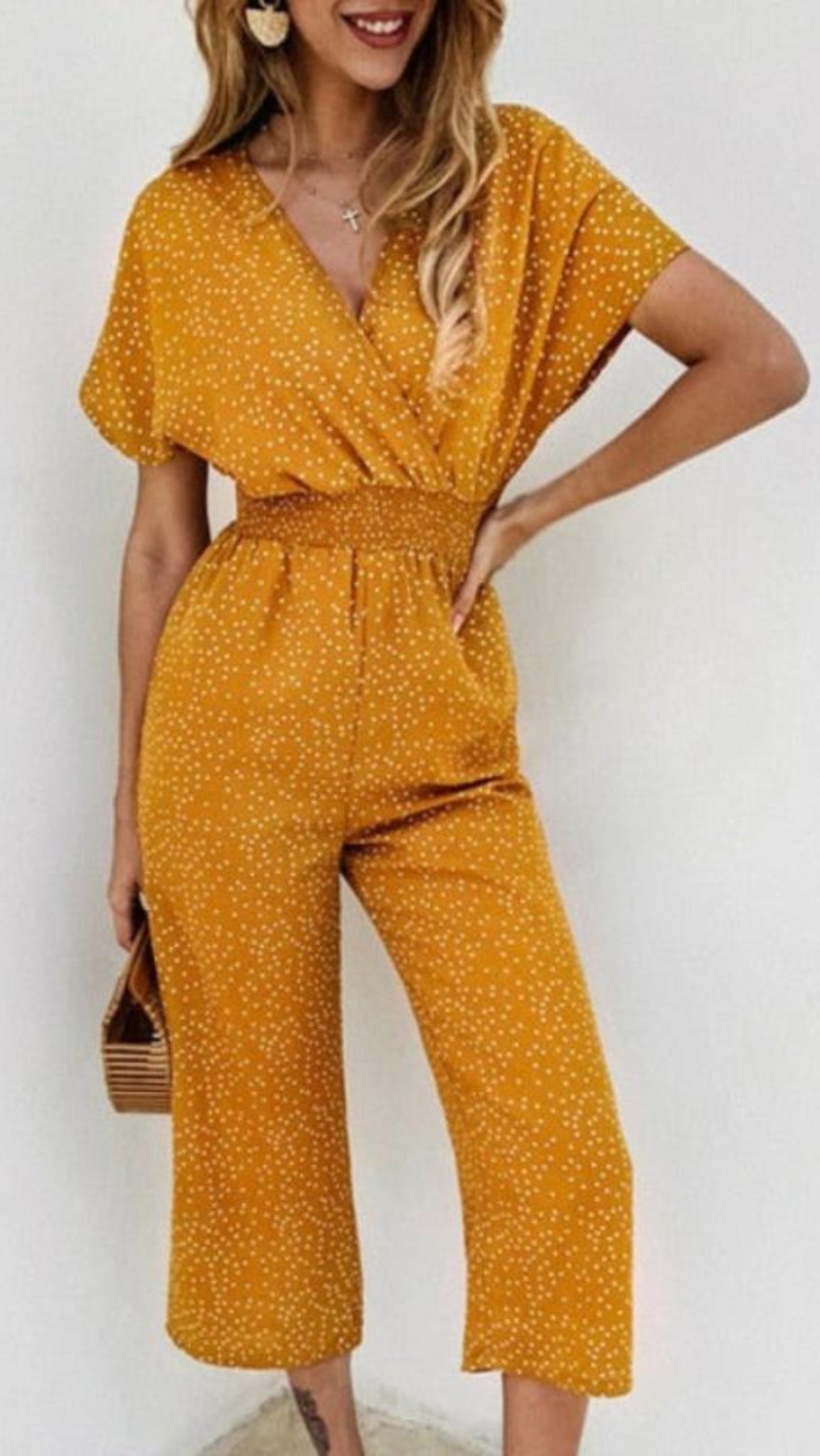 V neck Pocket Overalls Short Sleeve Wide Leg Loose Jumpsuit - Deb Shops