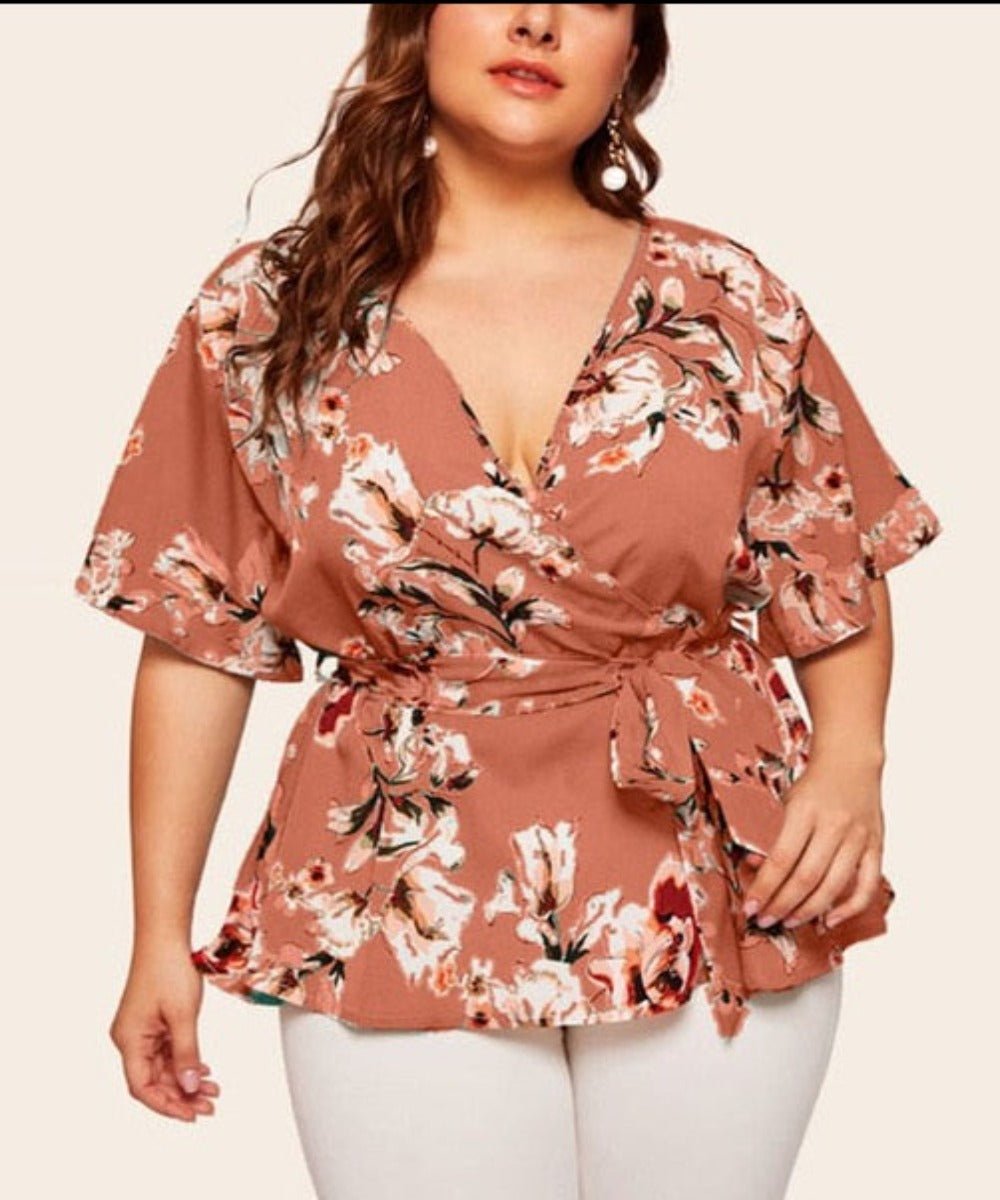 V Neck Short Sleeved Waist Belt Blouse - Deb Shops