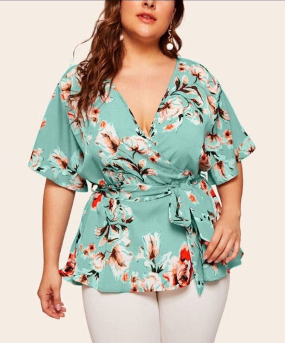 V Neck Short Sleeved Waist Belt Blouse - Deb Shops