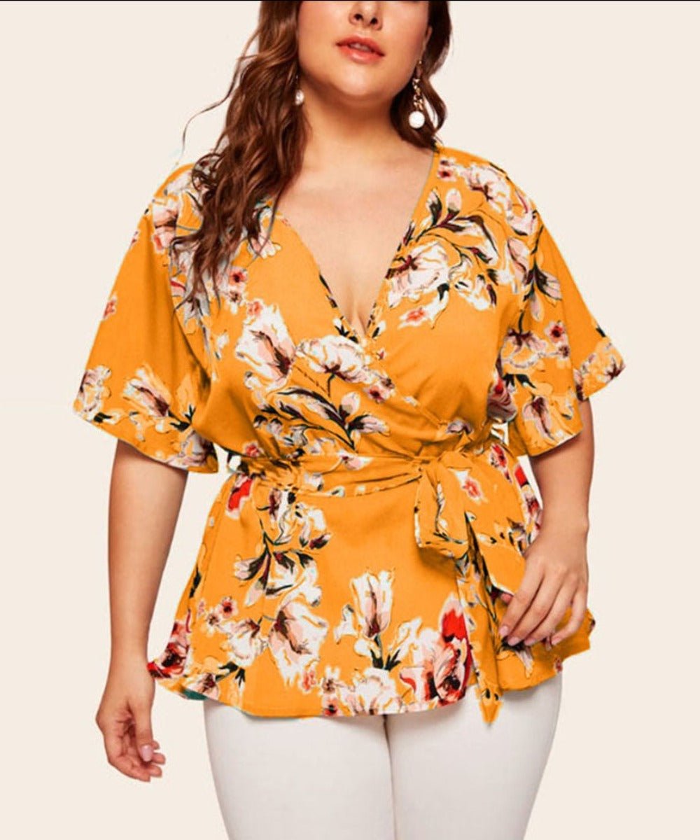 V Neck Short Sleeved Waist Belt Blouse - Deb Shops