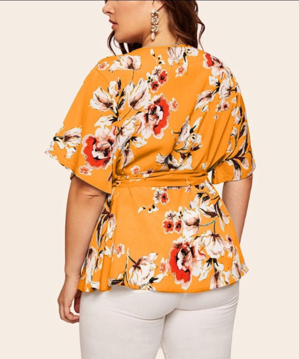 V Neck Short Sleeved Waist Belt Blouse - Deb Shops