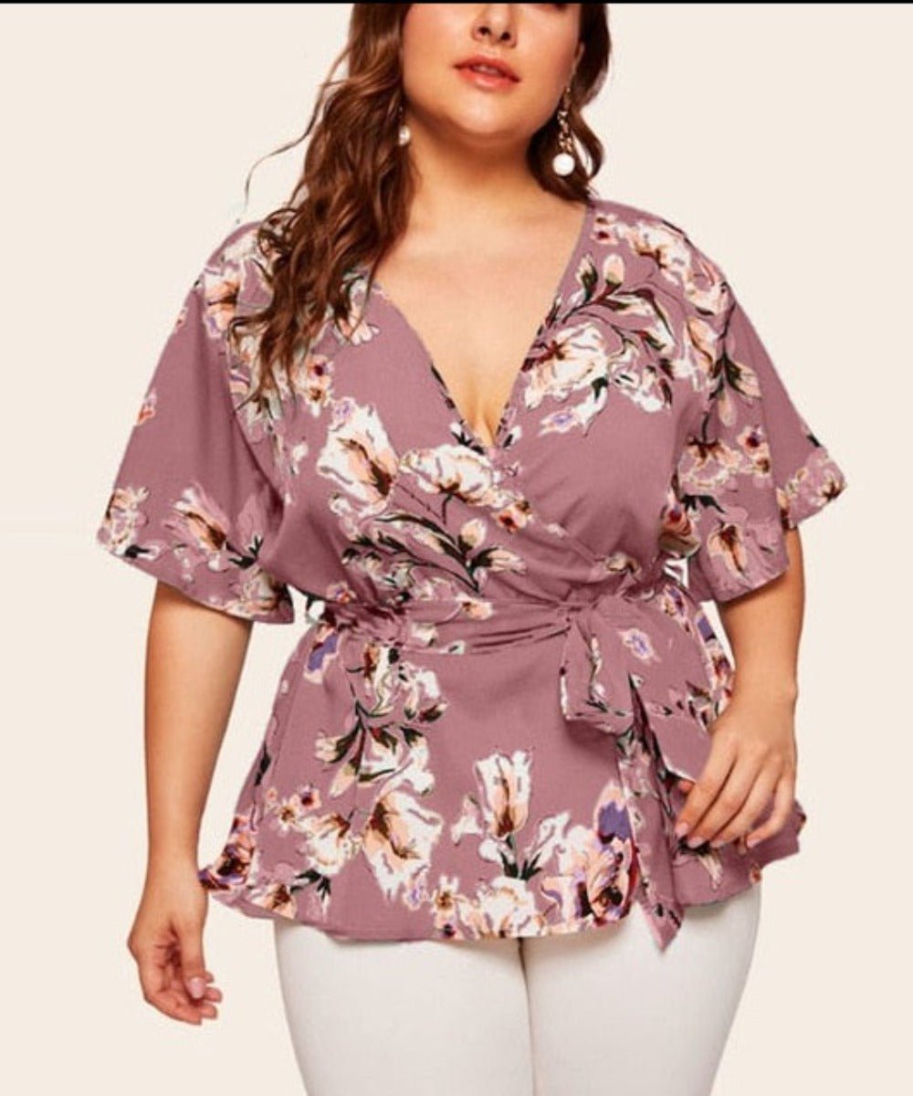 V Neck Short Sleeved Waist Belt Blouse - Deb Shops