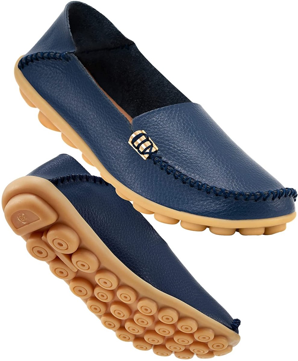 Women's Comfortable Leather Loafers Round Toe Moccasins Soft Walking Slip On Shoes - Deb Shops