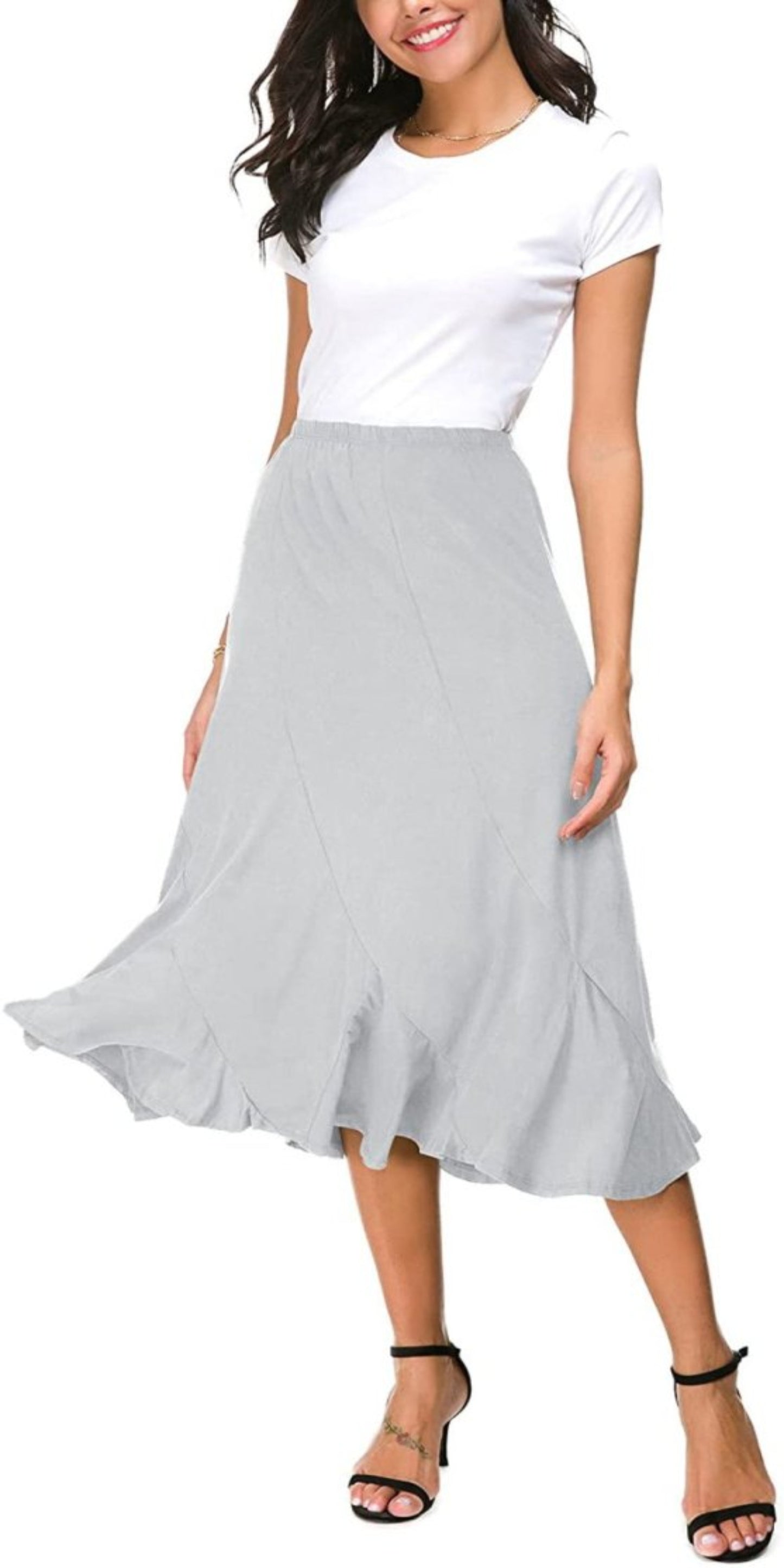 Women's Elegant Ankle Length Ruffle Hem Elastic Waist Midi Skirt - Deb Shops