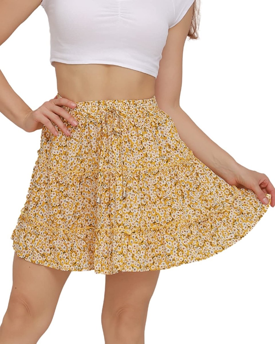 Women's Floral Flowy Skirt, Hight Waist Tiered Ruffle Mini Skirt with Drawstring - Deb Shops
