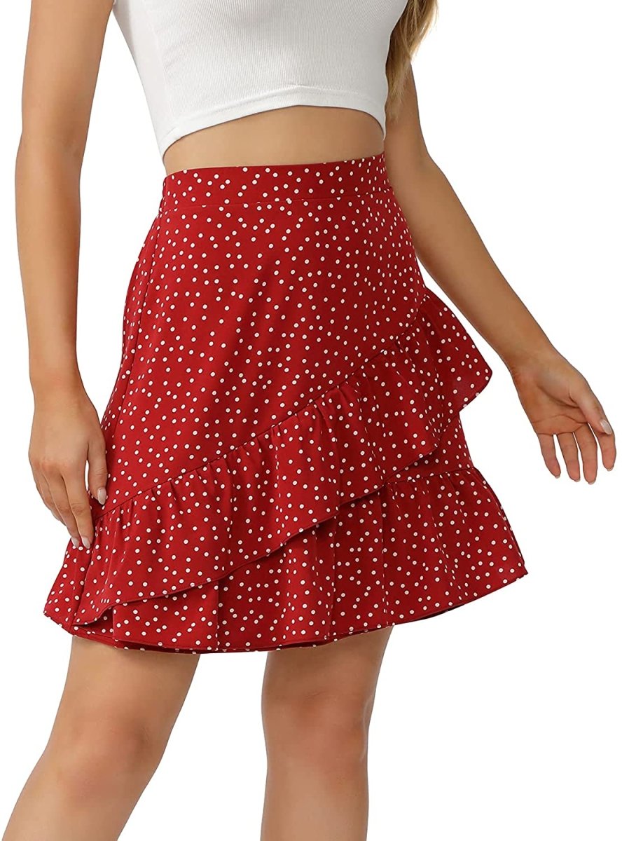 Women's Floral Flowy Skirt, Hight Waist Tiered Ruffle Mini Skirt with Drawstring - Deb Shops