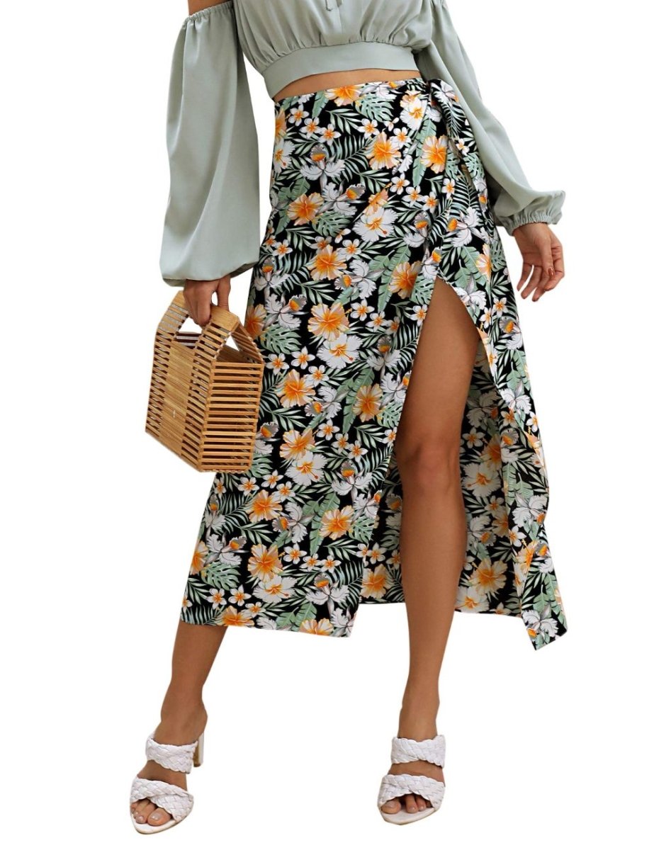 Women's Floral High Waist Long Split Thigh Tie Side Wrap Skirt - Deb Shops