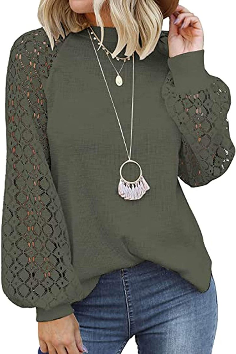 Women's Long Sleeve Lace Hollow Out Waffle Loose Blouse - Deb Shops