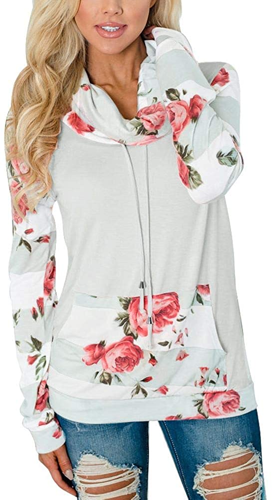 Women's Striped Floral Cowl Neck Pockets Sweatshirt - Deb Shops