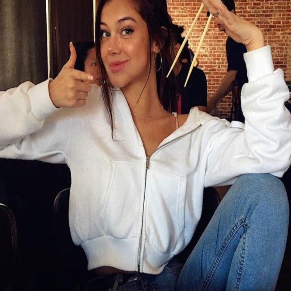 Zip Up Pockets Slim Crop Drawstring Hoodie - Deb Shops