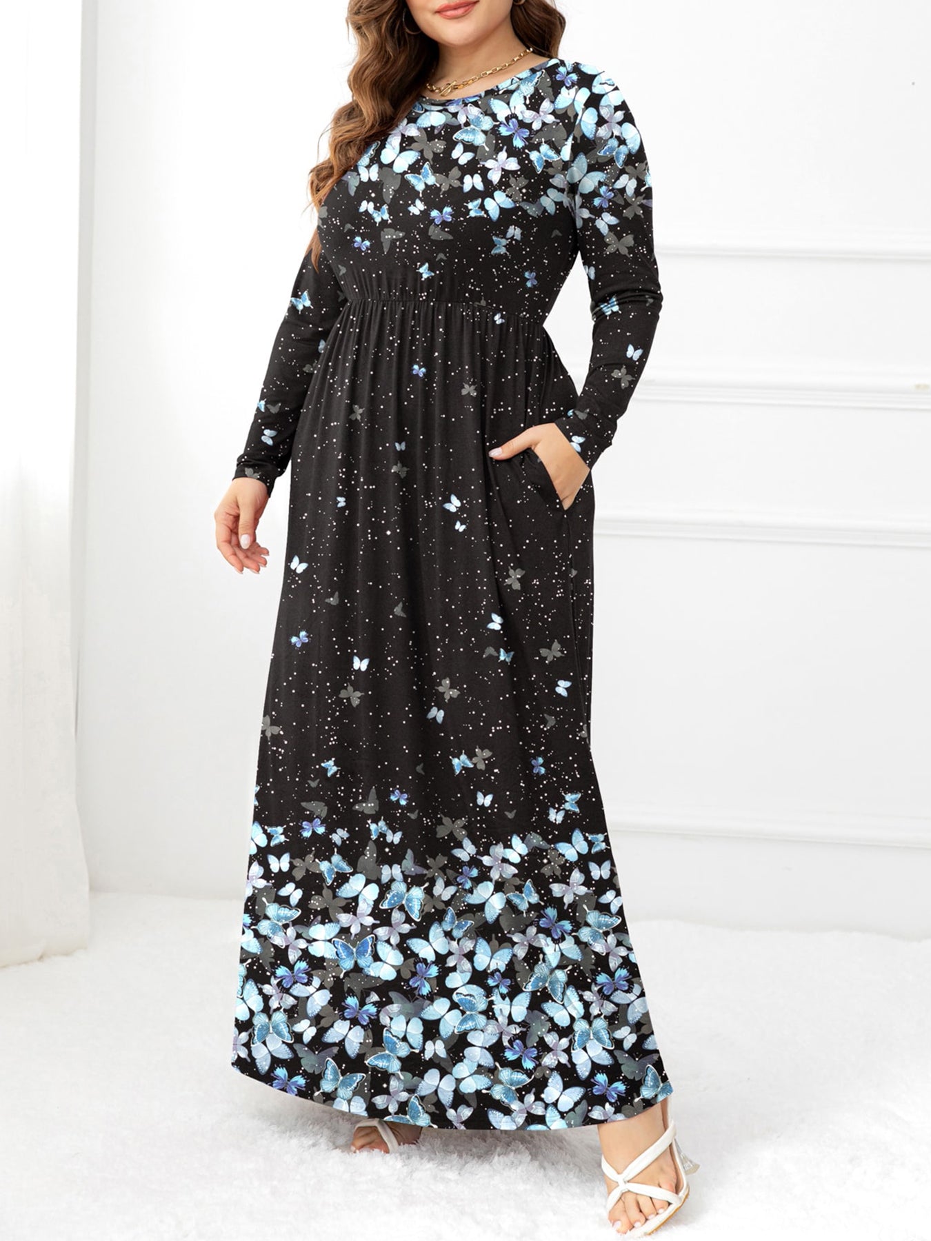 Plus Size Round Neck Maxi Dress with Pockets - Deb Shops