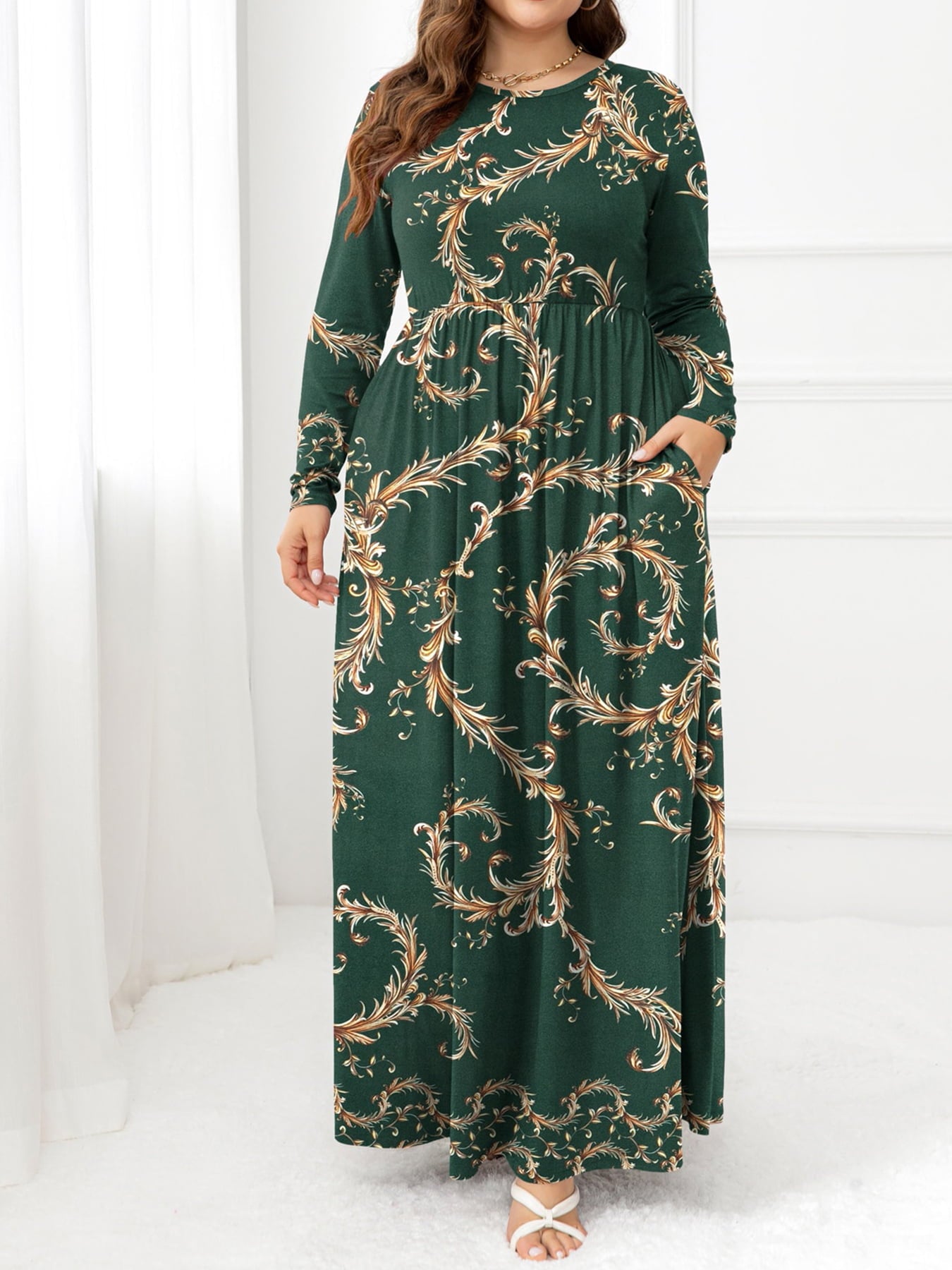 Plus Size Round Neck Maxi Dress with Pockets - Deb Shops